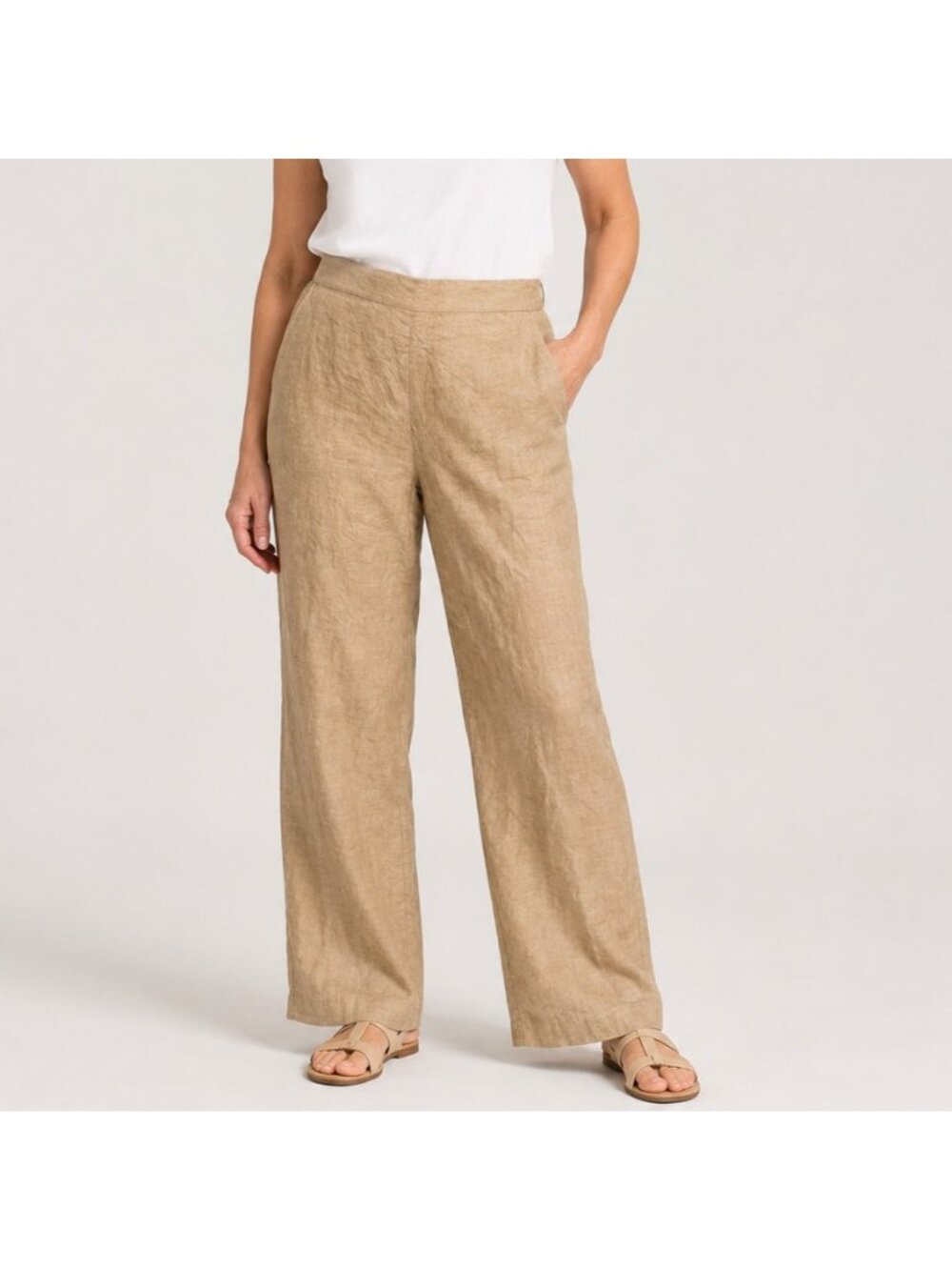 Talbots Petites 14P Linen Pants Tan Beige Straight Leg 100% Linen Career Casual